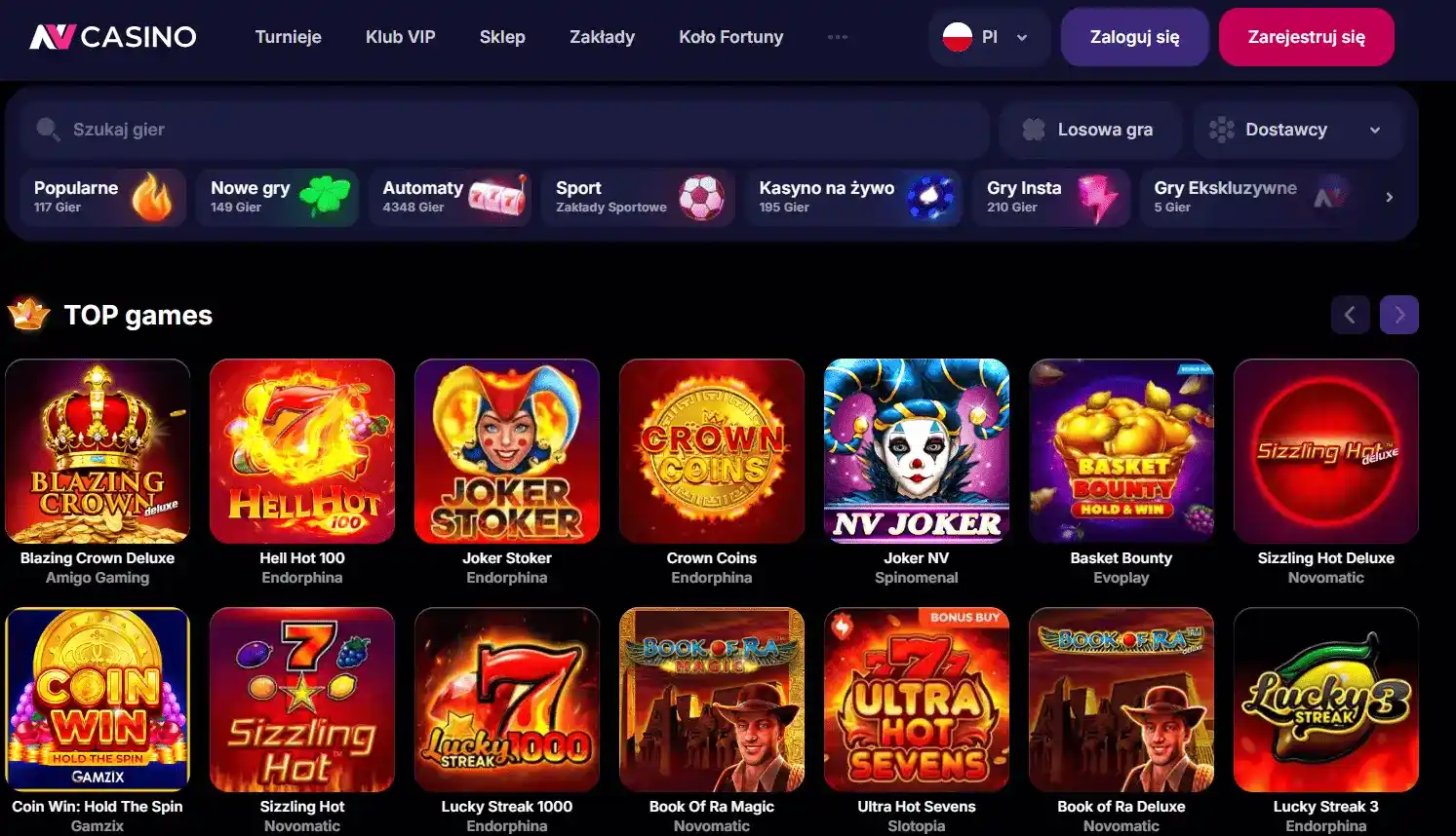 NV Casino asortyment gier