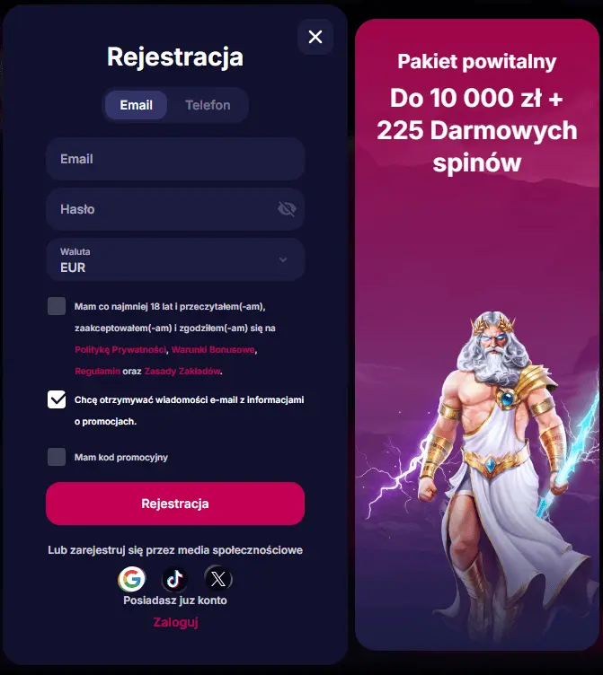 NV Casino formularz rejestracyjny